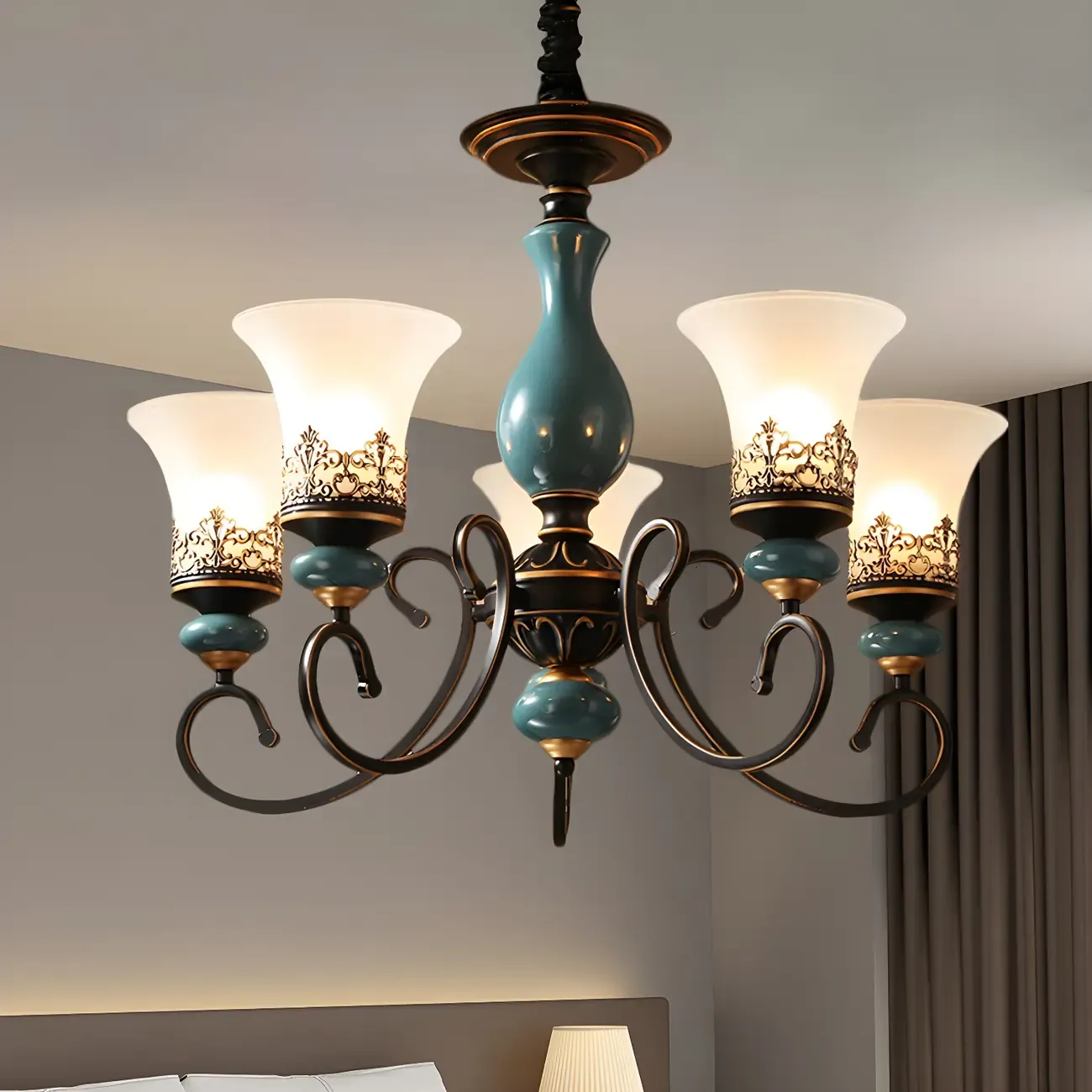 Classical Frosted Glass Blue Ceramic Up Chandelier