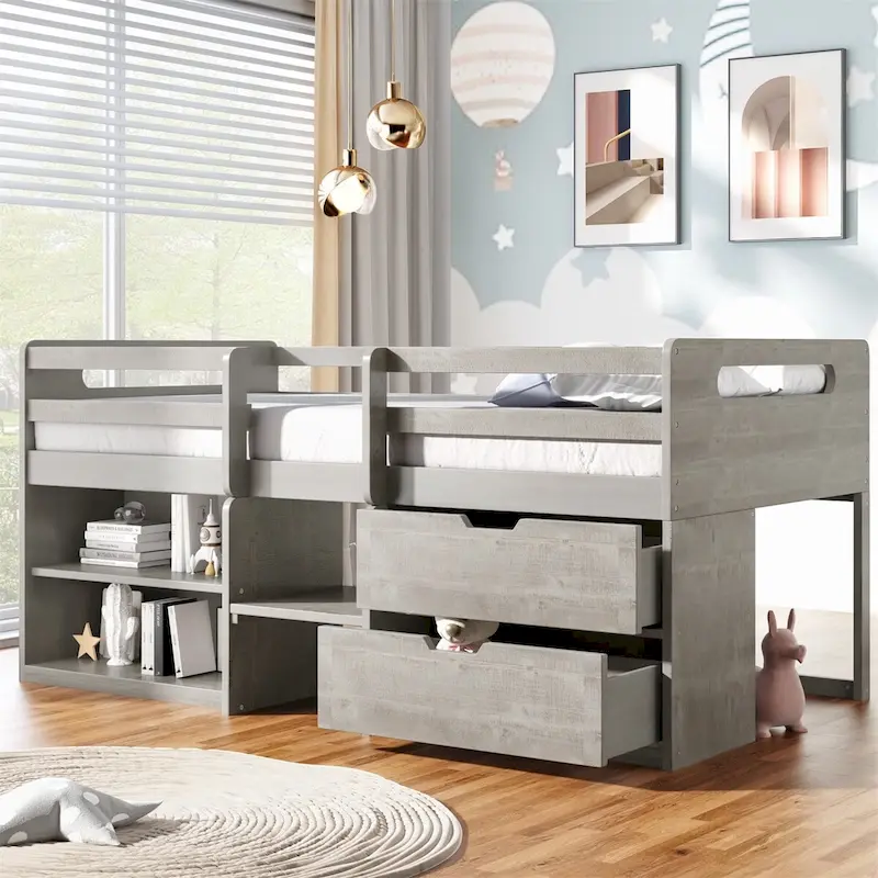 Merax Twin Loft Bed with Two Shelves and Two drawers
