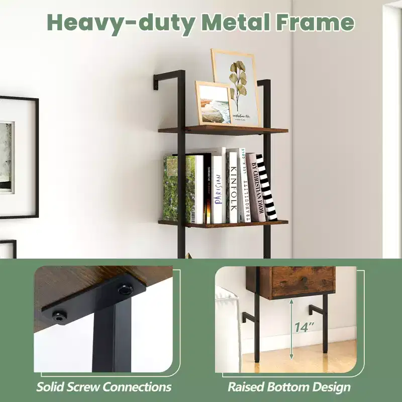 Costway 5-Tier Bookshelf w/ Drawer 70 Wall Mount Ladder Bookcase w/ Metal Frame