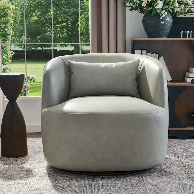 KINWELL Modern Top Grain Genuine Leather Swivel Armchair with Pillow