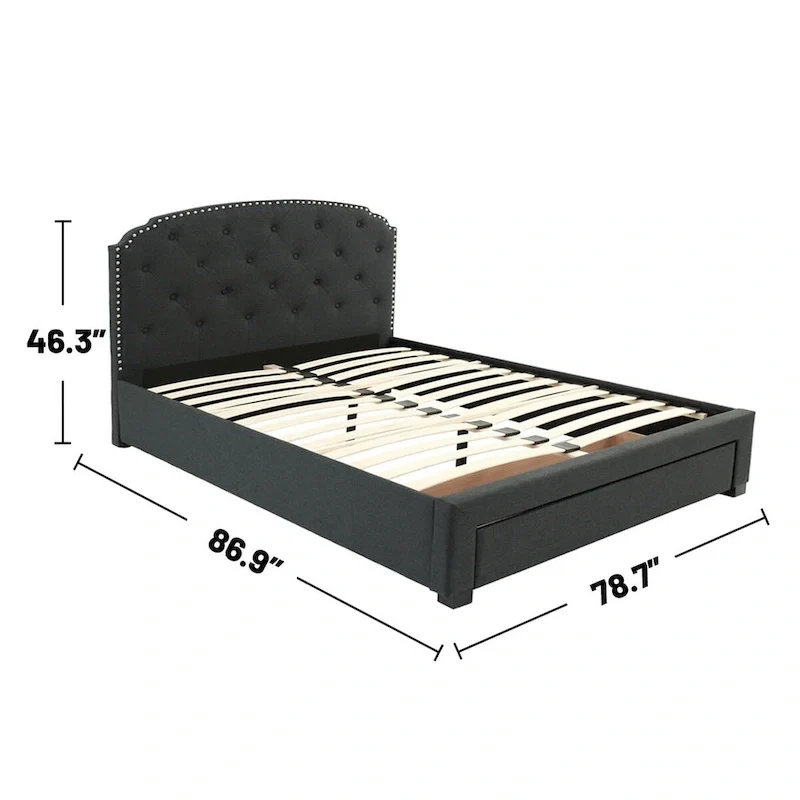 Burlap Upholstered Eastern King Bed with 1 Underbed Drawer in Charcoal