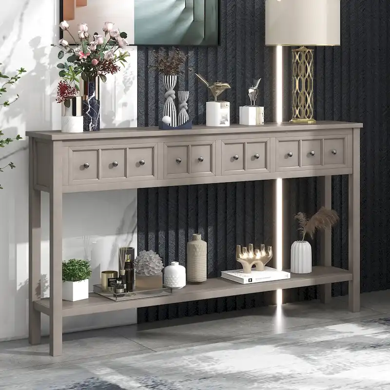 Rustic Entryway Console Table with Drawers and Bottom Shelf