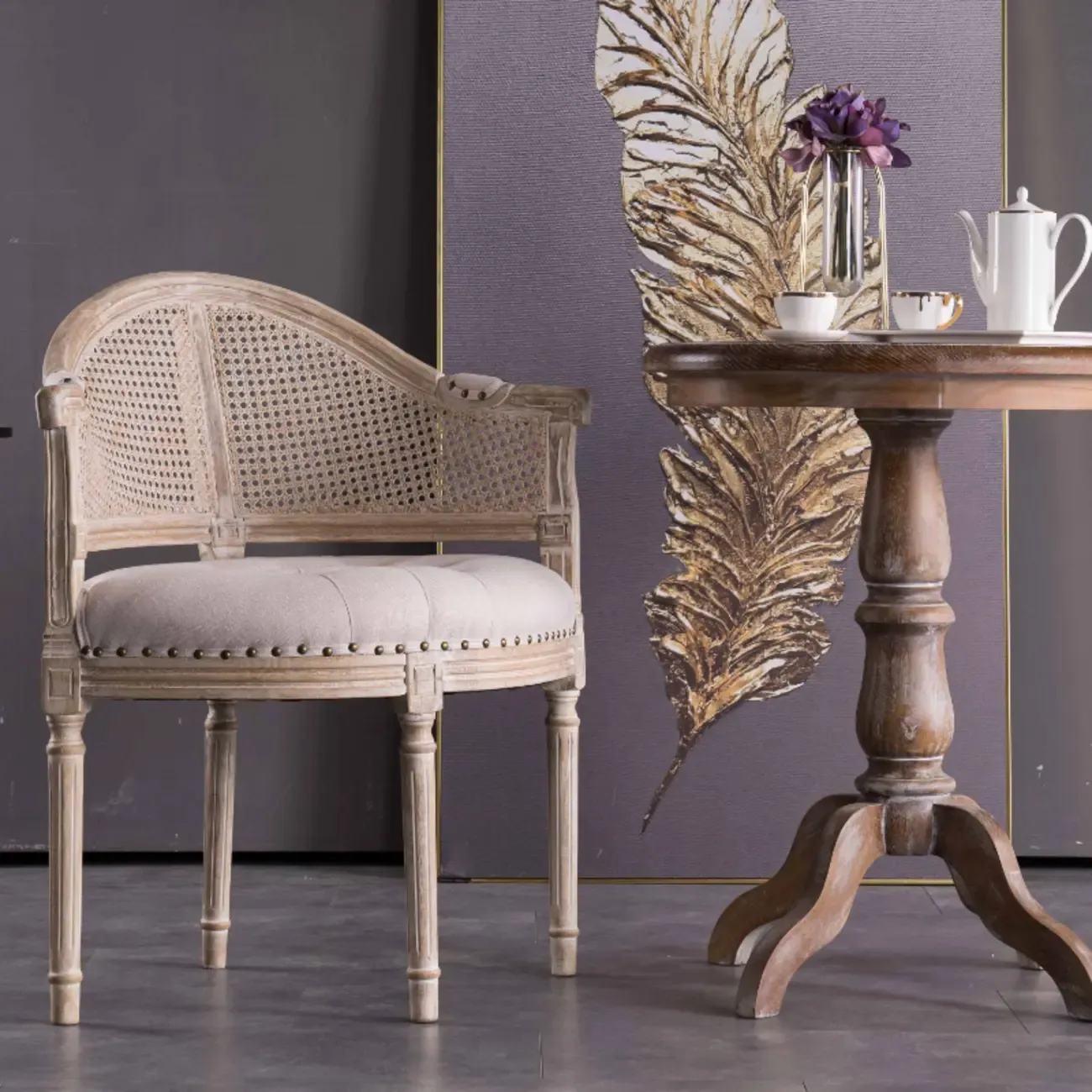 Rustic Rattan Upholstered Wood Dining Chair