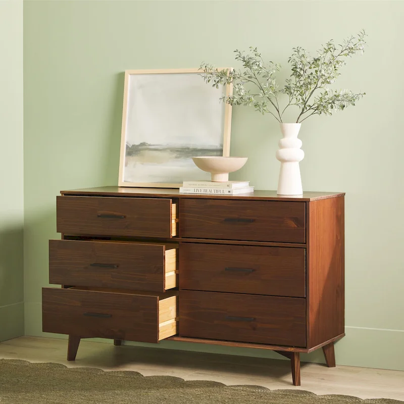 Natural Pine Wood 6-Drawer Dresser with Metal Handles