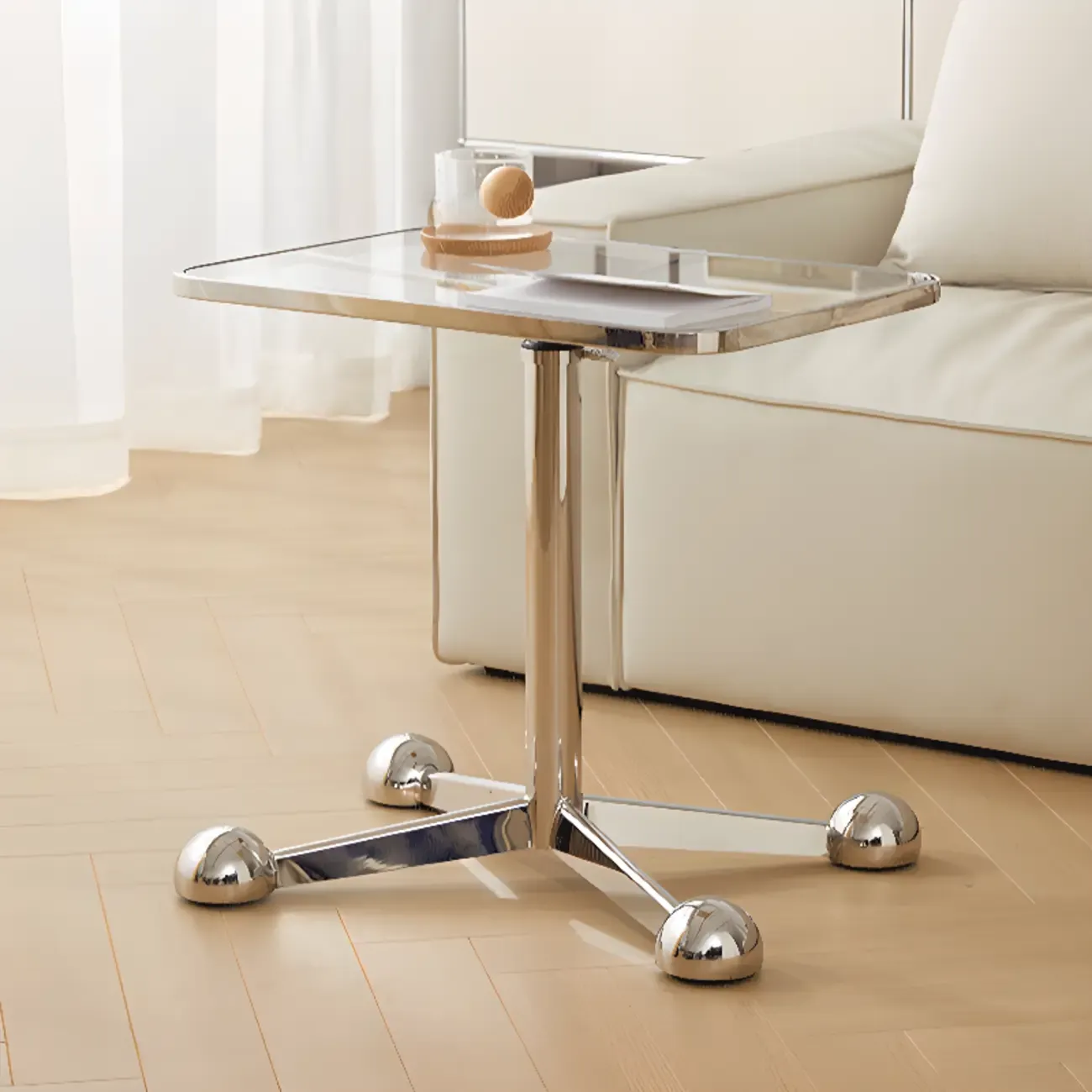 Adjustable Glass Side Table with Wheels and Metal Legs