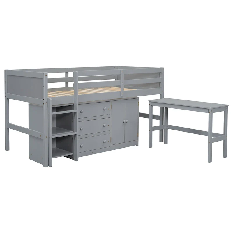 Grey Twin Wood Low Loft Bed with Pull-Out Desk & Drawers
