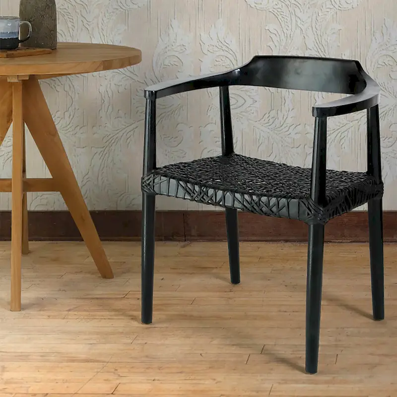 Erline Teak Wood Weaved Leather Seat Accent Chair Armchair