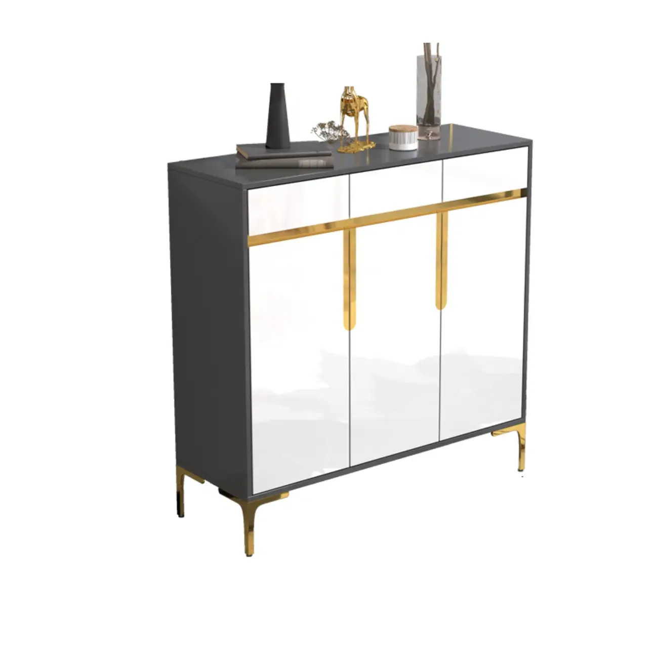 Entryway Wood Large Shoe Cabinet with Gold Accents