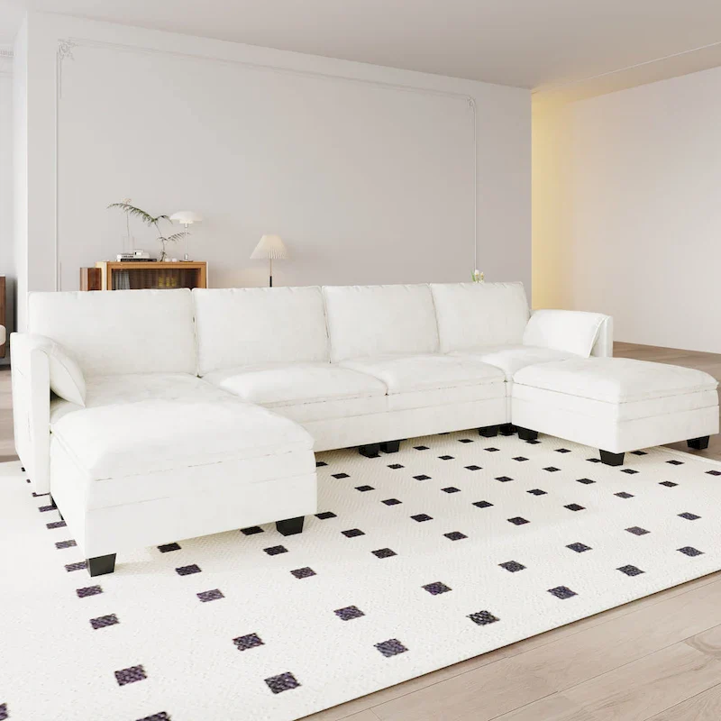 Christopher Knight Home - Noah 141.5 U-Shaped 6-Seater Sofa Couch with Movable Ottoman and Armrest Pockets, Fabric Upholstery