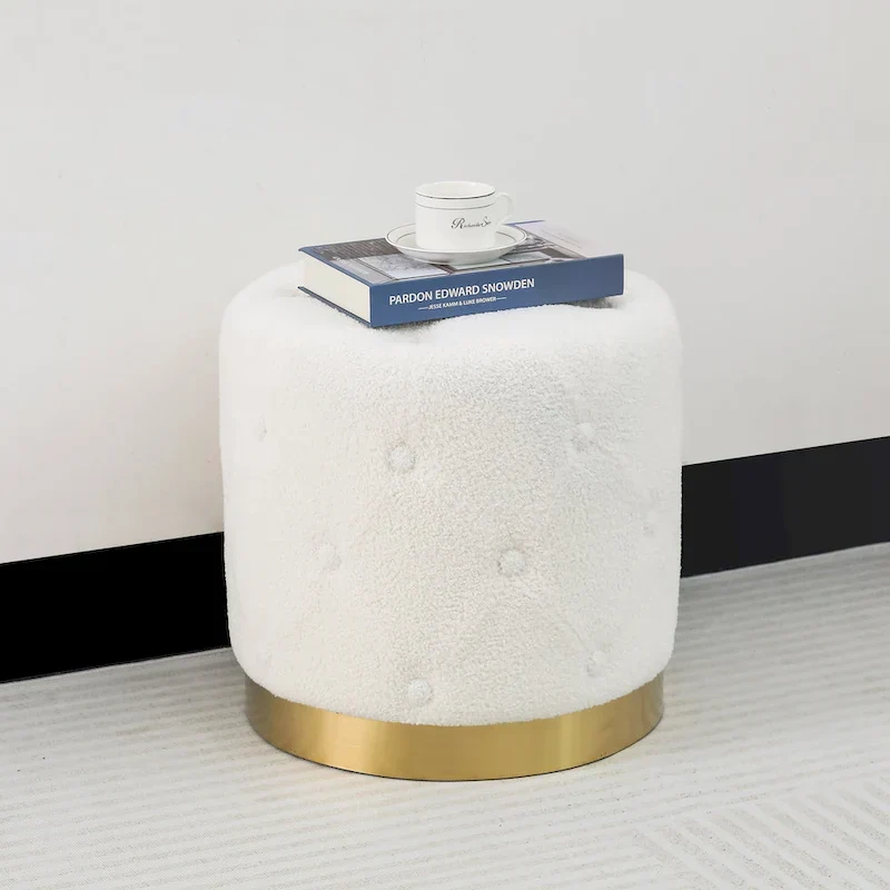 Adeco Round Velvet Ottoman Vanity Footrest Stool Gold Plating Base