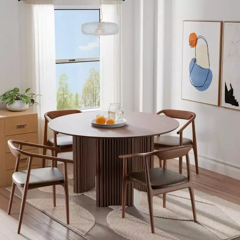 46 Round Dining Table Kitchen Table for 4 with Arc-Shaped Edge Top and Fluted Pedestal Legs for Living Room Dining Room Coffee Office Walnut
