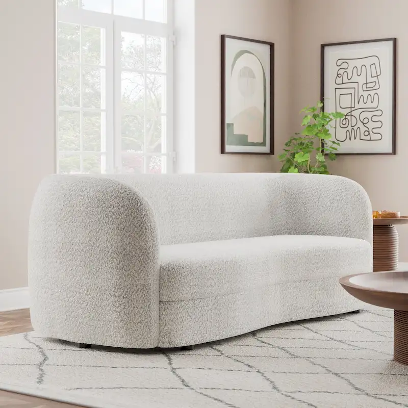 Modern Curved Arms Boucle Sofa Couch with Kidney Style Seat and Round Wooden Legs