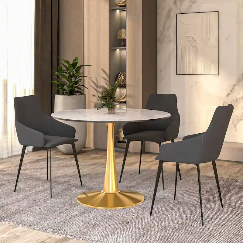 LeisureMod Round Dining Table 40 Sintered Stone Tabletop in Gold Steel Bistro Series