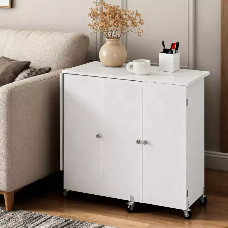 VEVOR Folding Sewing Table, Multipurpose Sewing Machine Table with Cabinet, Compact Design, Wheels, Wooden Pegs, Storage Trays and Shelf, White