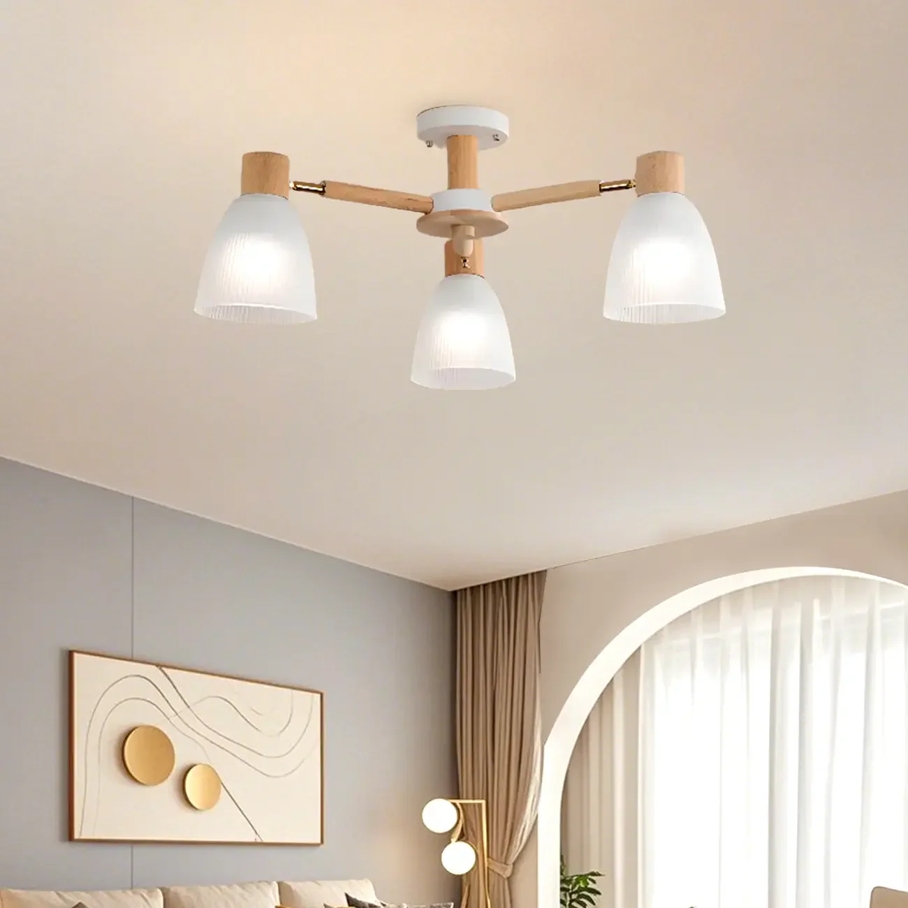 Natural White Cone Glass Wooden Semi Flush Mount Ceiling Light