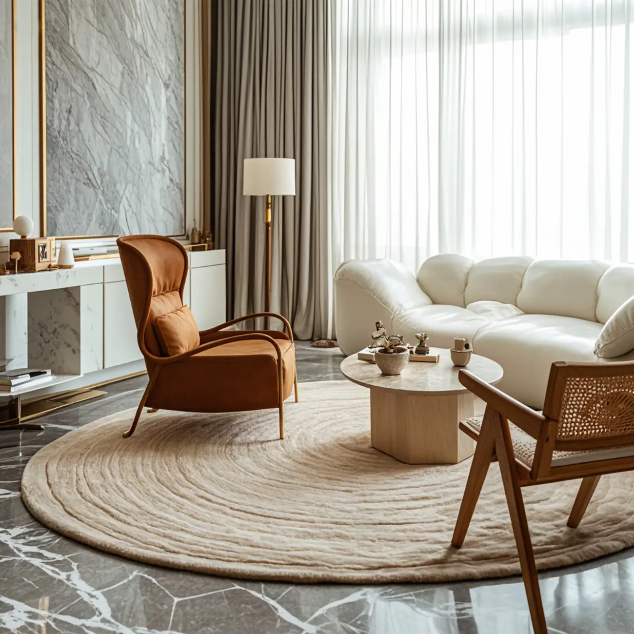 Modern Travertine Round Beige Coffee Table with Small Space