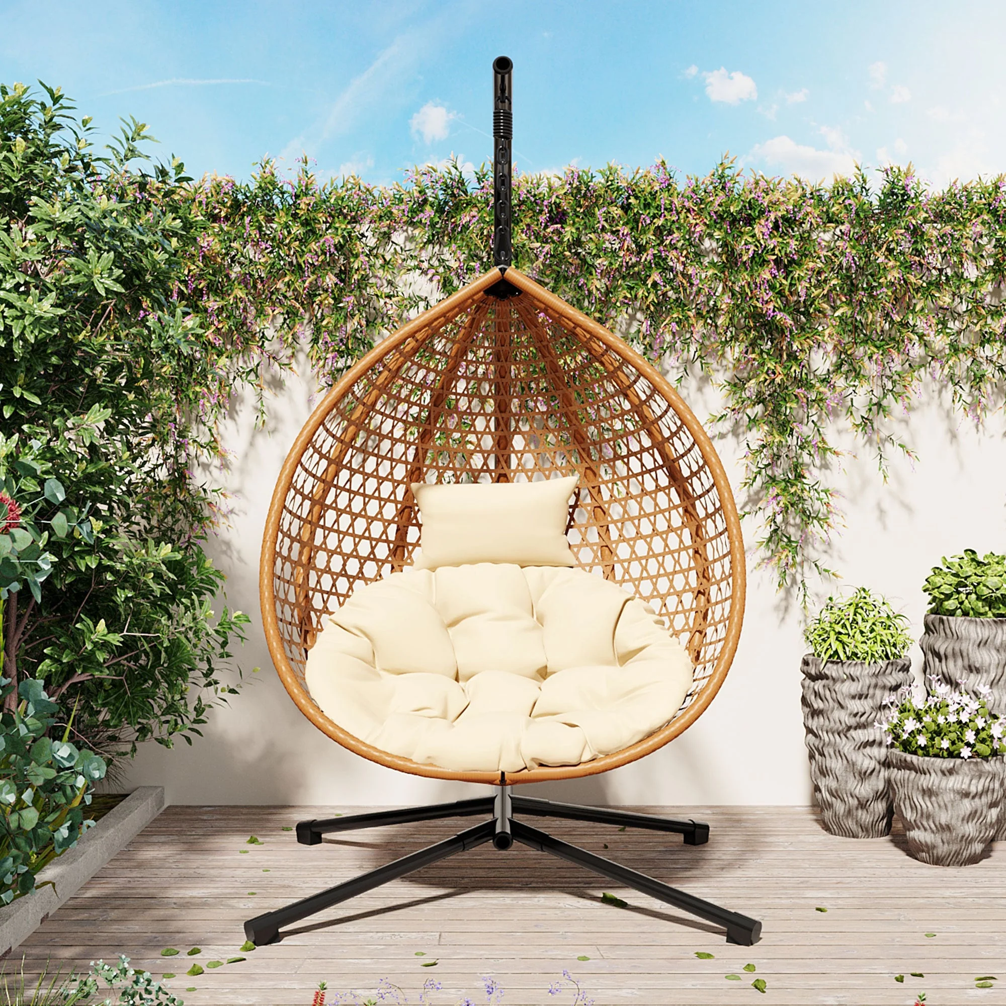 Rattan Weaving Hanging Egg Chair with Stand and Soft Removable Cushion