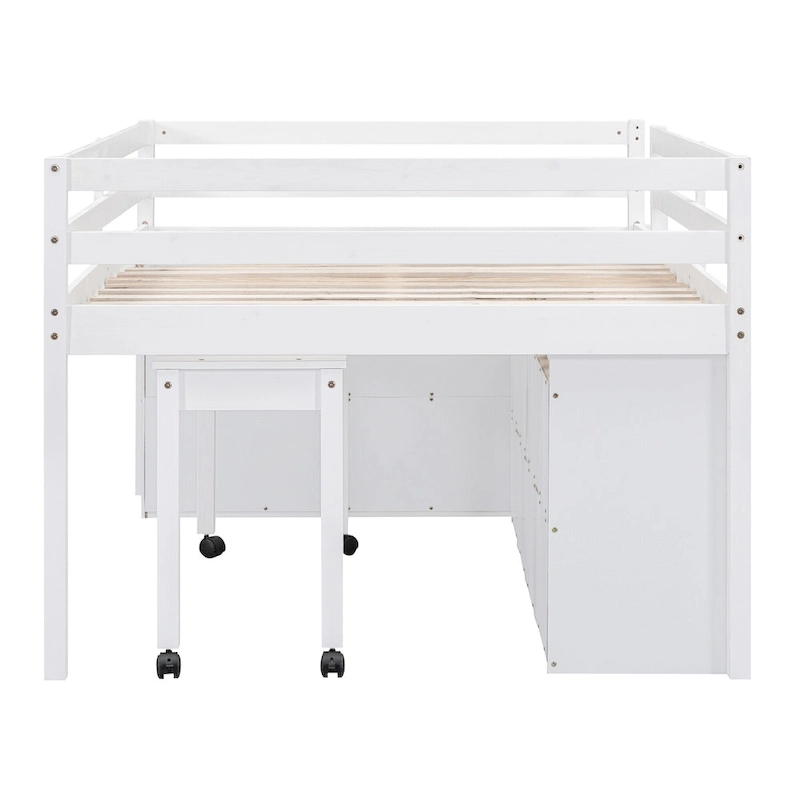 Full Size Loft Bed w/ Retractable Writing Desk & 4 Drawers, Wooden Loft Bed w/ Lateral Portabhite