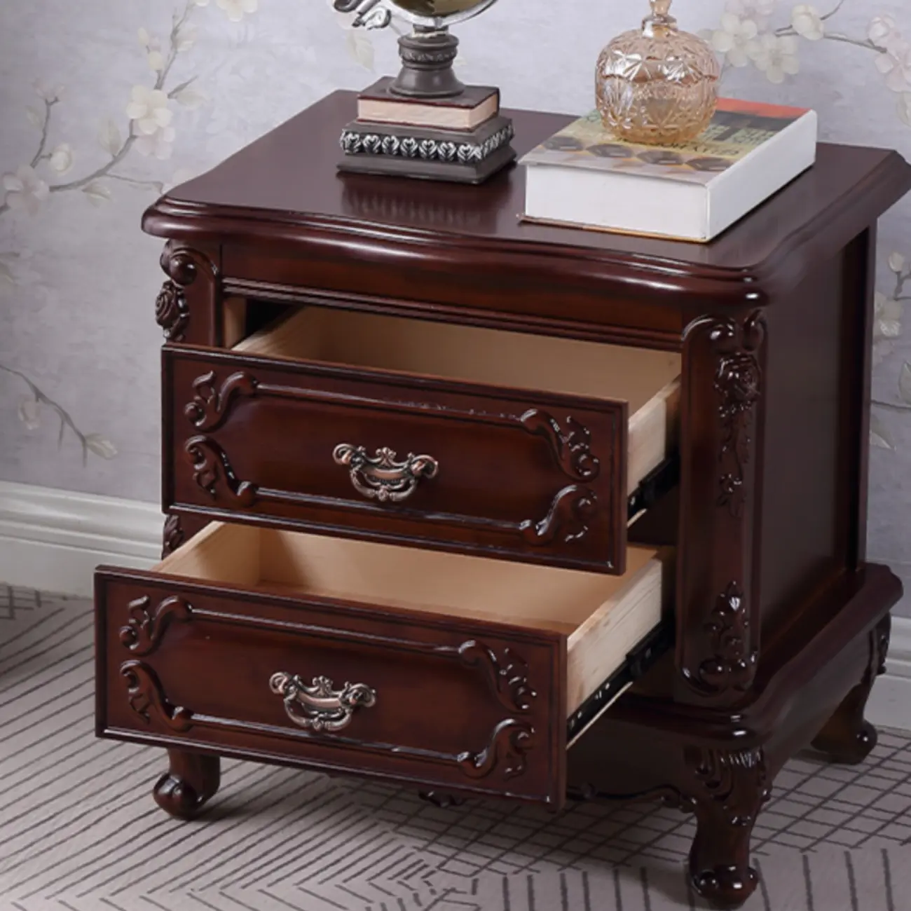 Traditional Carved Wood 2-Drawer Nightstand