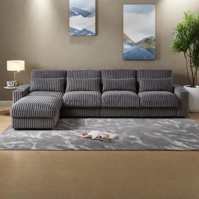 126 Corduroy L-Shaped Sectional Sofa with Cup Holders, and USB/Type-C Ports, Movable Footrest & 8 Pillows