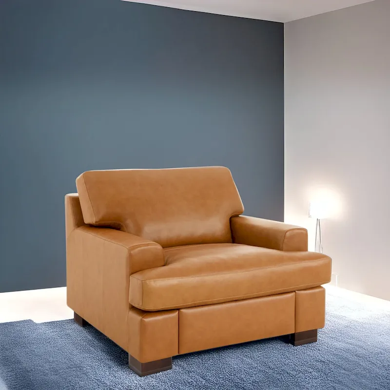 Genuine Leather Accent Chair with Luxurious Comfort Goose Feather Cushion Filling Square Arm Design Sturdy Block Legs