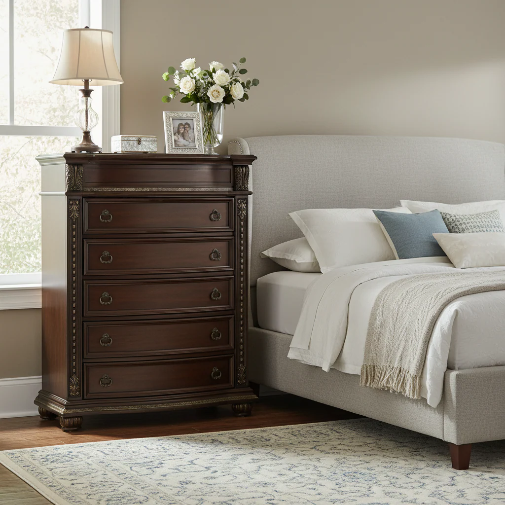 Traditional Chest of Drawers – Cherry, Marble Top, Bronze Hardware, Single