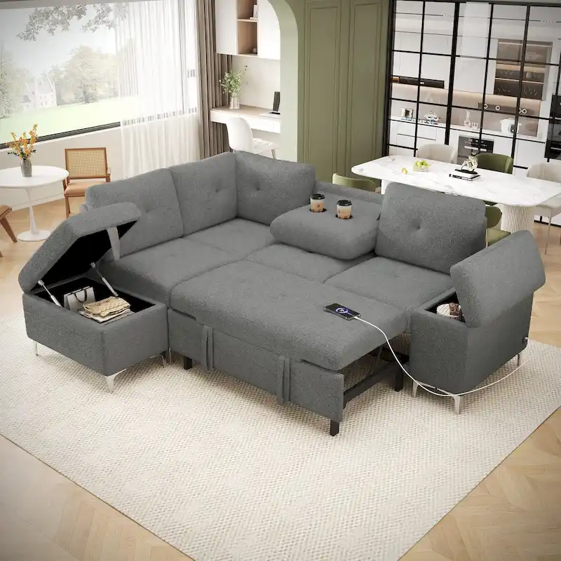 Upholstered L-Shaped Sleeper Sectional Sofa with Storage Space, 2 Cup Holders and 2 USB Ports Pull-out Sofa Bed