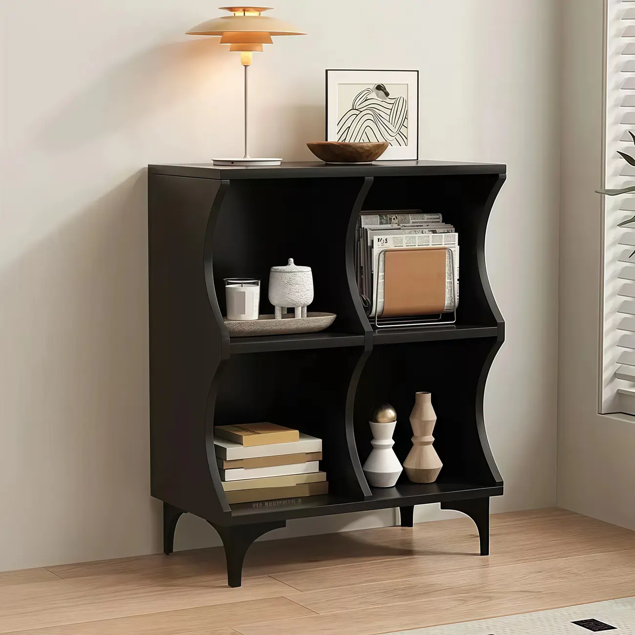 Modern Black Wooden 2-Tier Modular Cube Bookcase