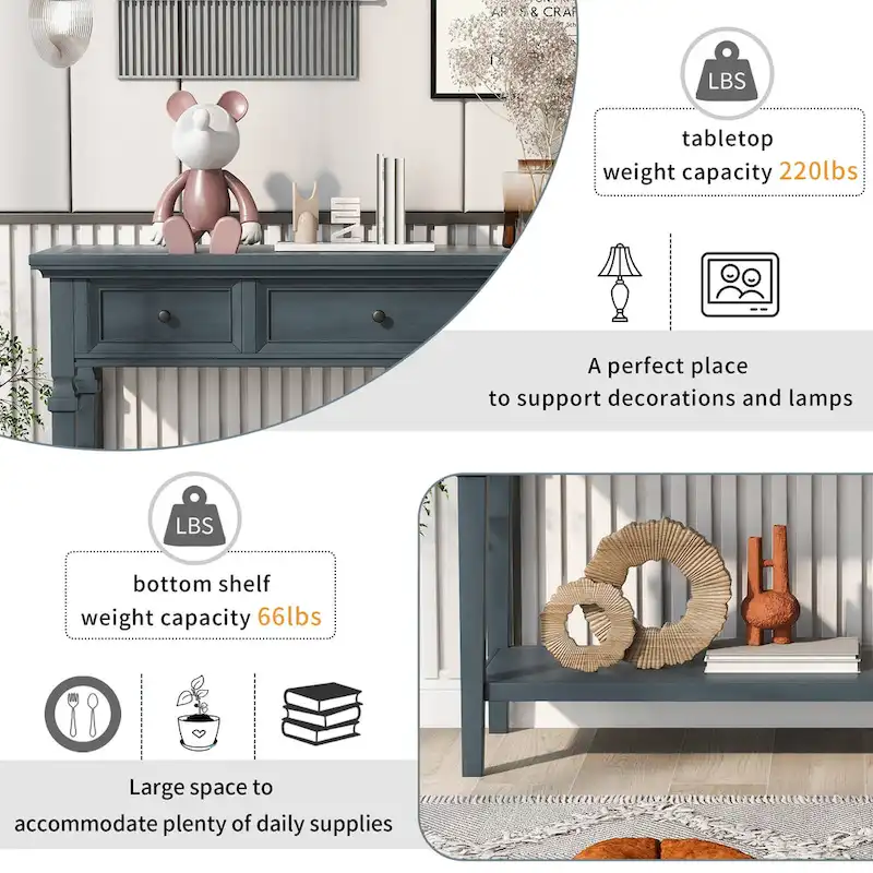 Classic Console Table with 3 Top Drawers and Open Style Bottom Shelf