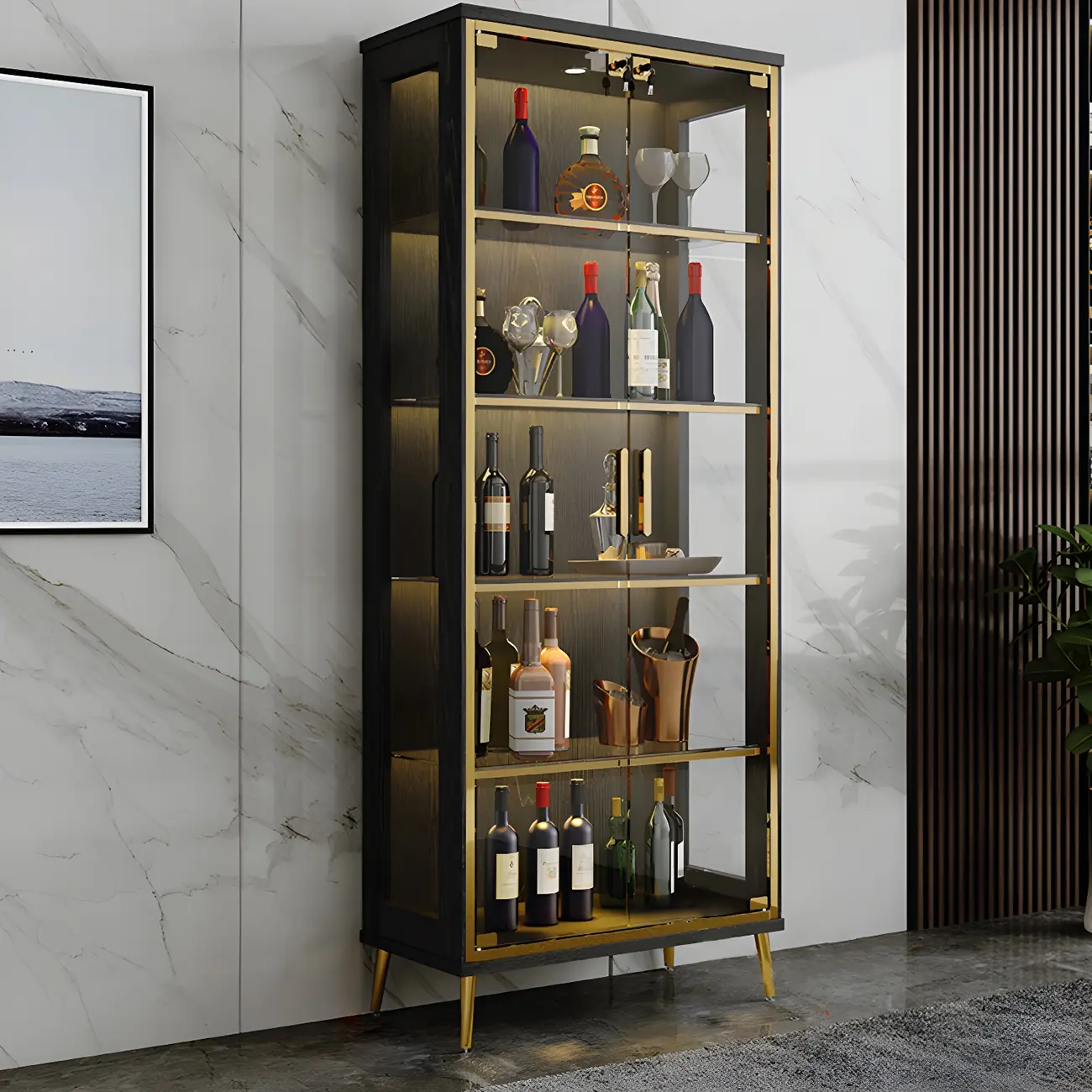 Glam Black Wooden Glass Display Cabinet