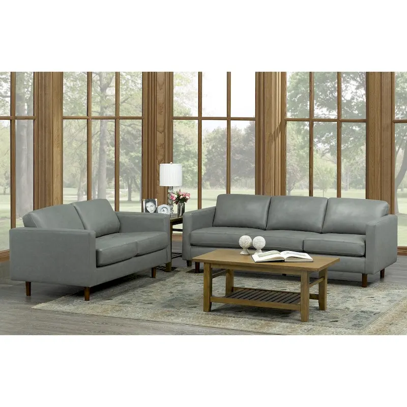 Top Grain Leather Sofa & Loveseat Set, Tufted, Kiln-Dried Hardwood, Sinuous Spring, Seats 5, Grey
