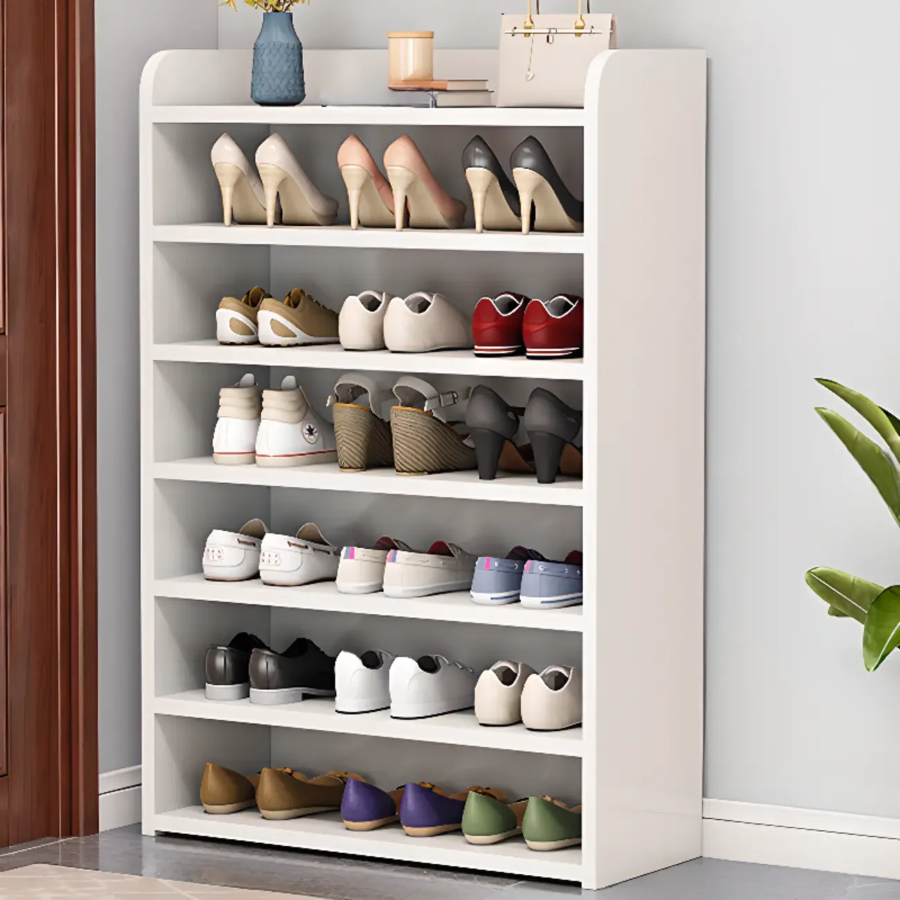 Vertical White Wooden Hallway 6-Tier Open Shoe Rack