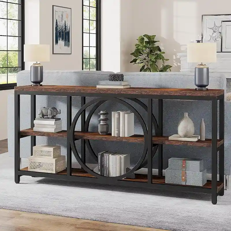 70.9 inch Extra Long Console Table with 3 Tier Wood Storage Shelves
