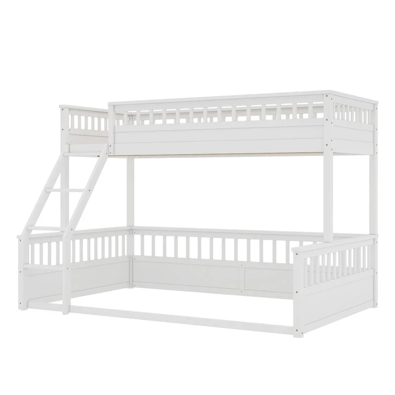 Twin XL over Queen Bunk Bed with Ladder and Guardrails, White