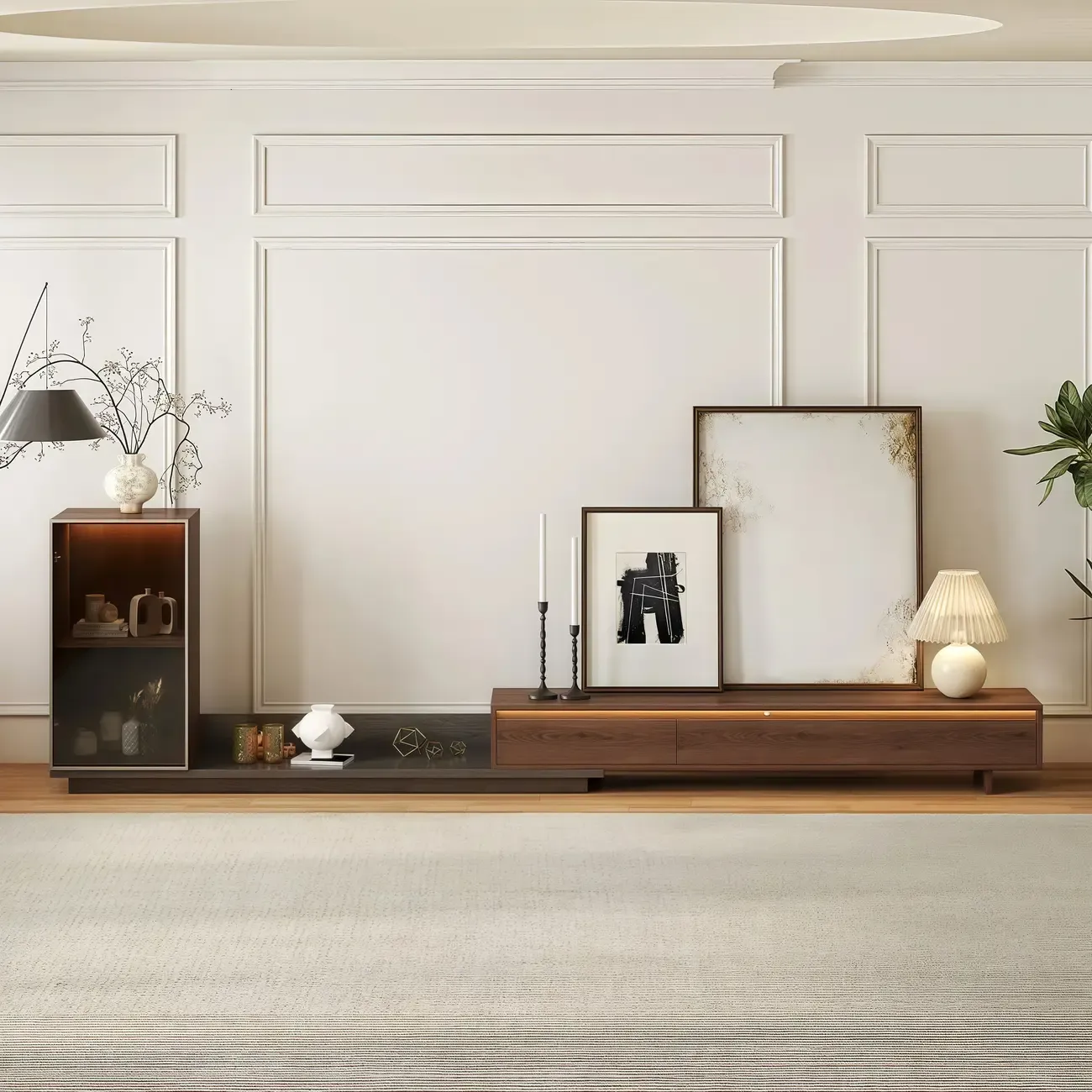 Mid-Century Walnut Extendable Wooden TV Stand with Drawers