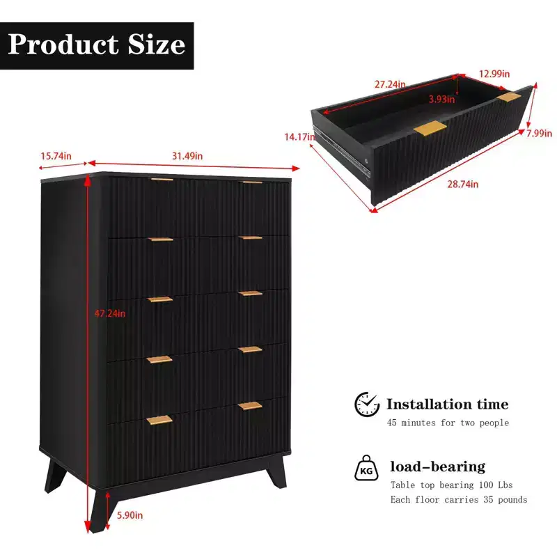 Fluted 5 Drawers Dresser for Bedroom, 47 Tall Modern Chest of Drawers, Wooden Drawer Organizer for Bedroom, Living Room, Hallway, Entryway