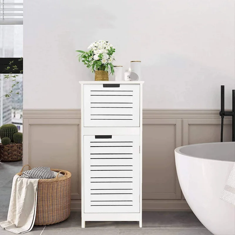 Miami White Bathroom Linen Storage Cabinet Vented Door and Drawer - 14.7L x 11.13W x 32.12H