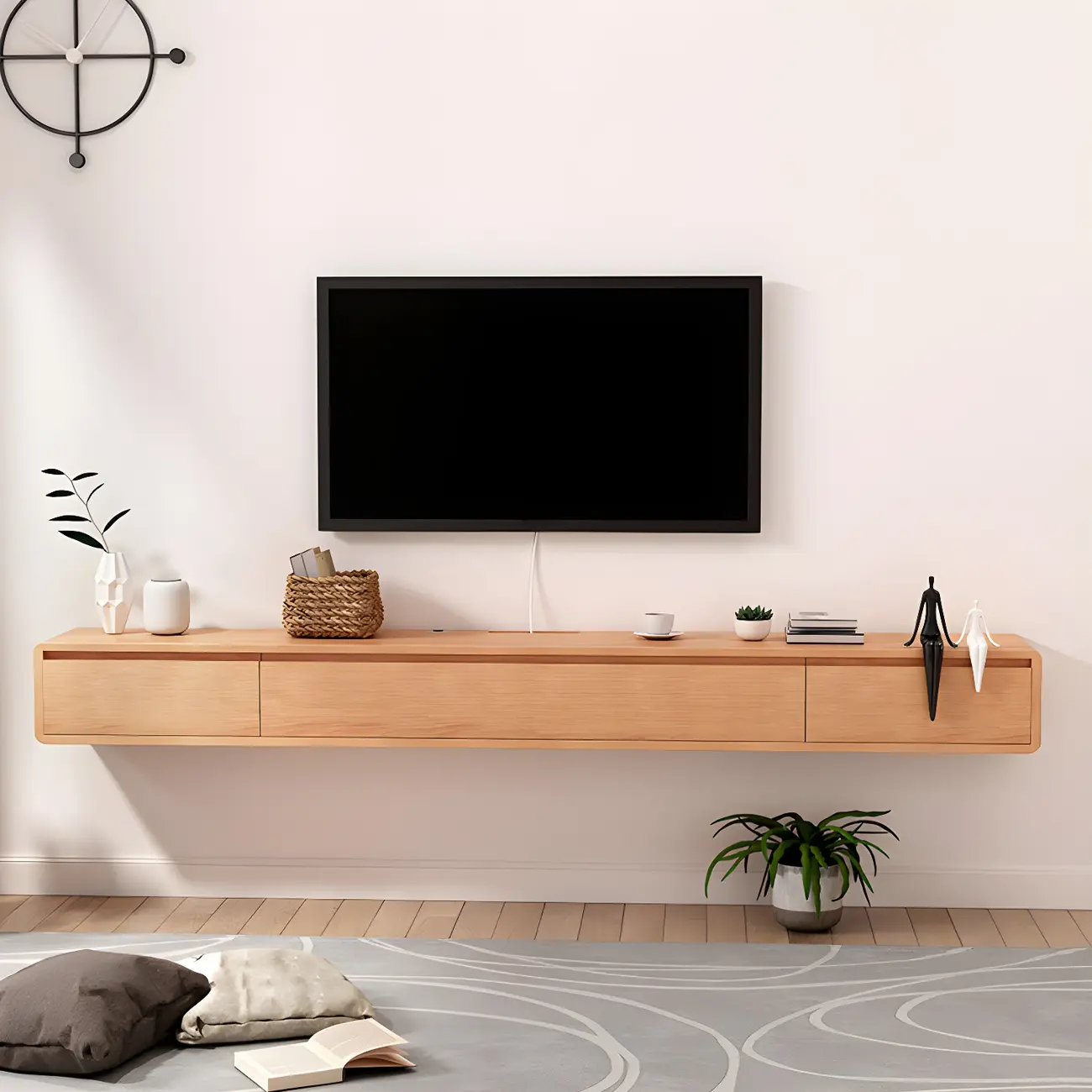 Scandinavian Wood Floating TV Stand with Cabinet