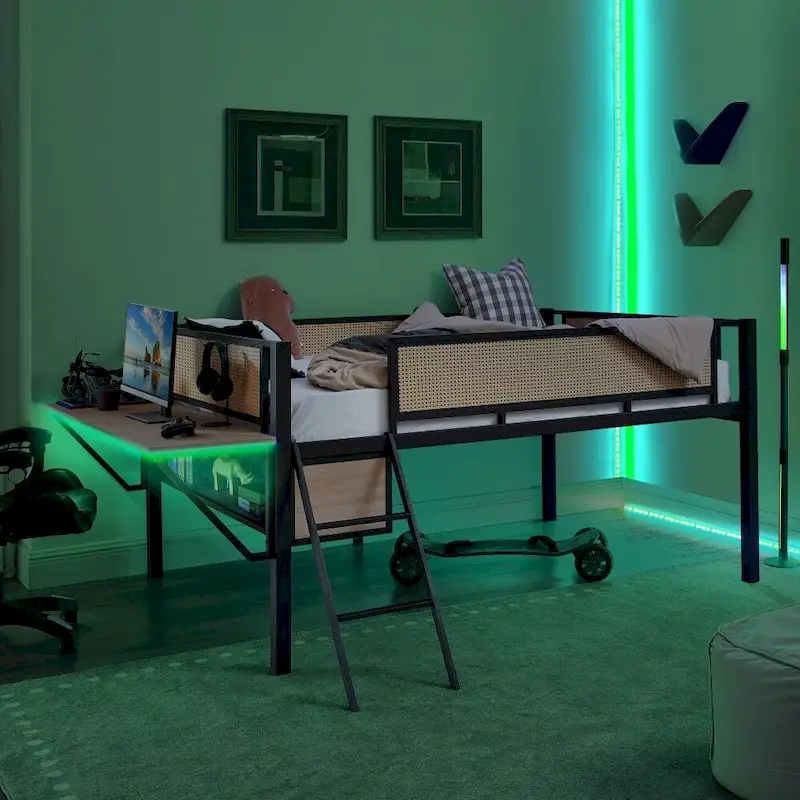 Metal Double Bed Loft Bed with Rectangular Desk, LED Lights
