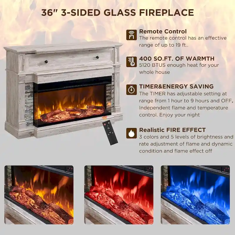 Farmhouse TV Stand With 3-Sided Glass Fireplace, Entertainment Center