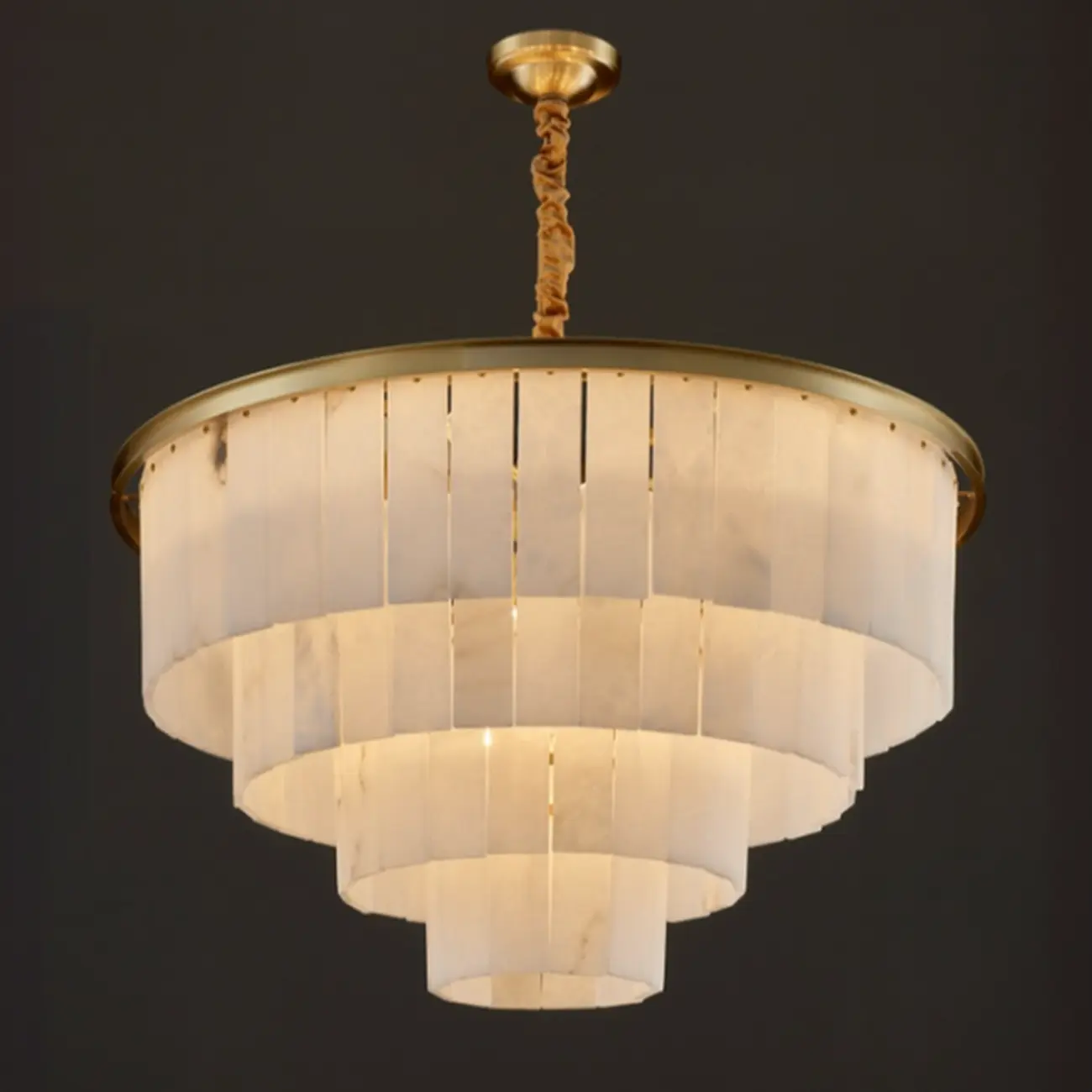 Classic Gold Tiered Circular Alabaster Chandelier