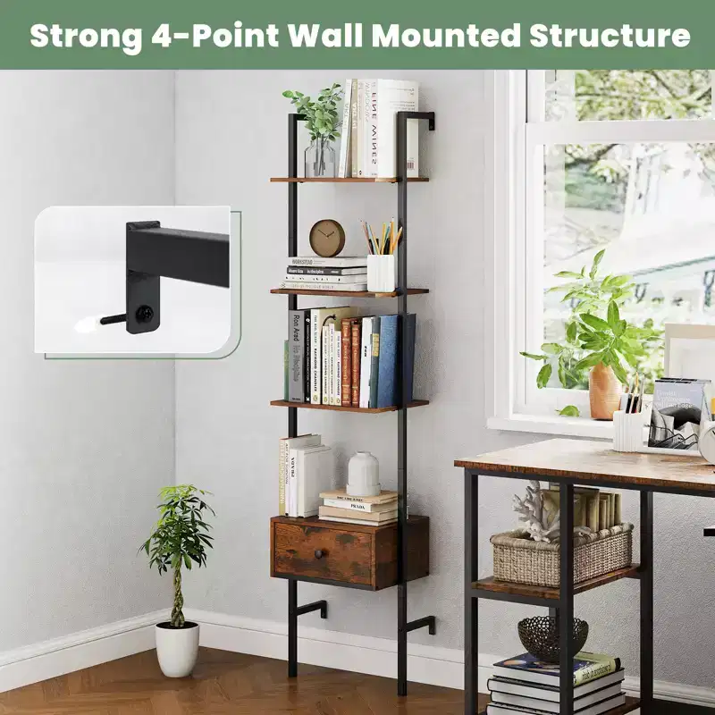 Costway 5-Tier Bookshelf w/ Drawer 70 Wall Mount Ladder Bookcase w/ Metal Frame