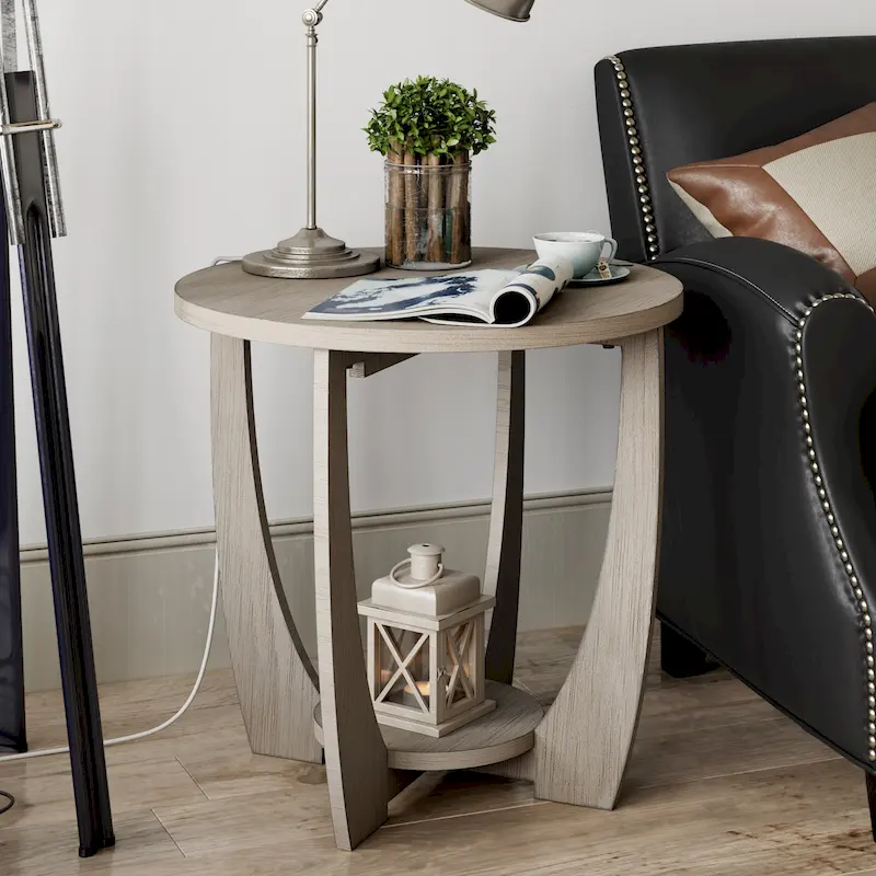 COZAYH Rustic Farmhouse End Table with Storage Shelf, French Country Accent Side Table, Round