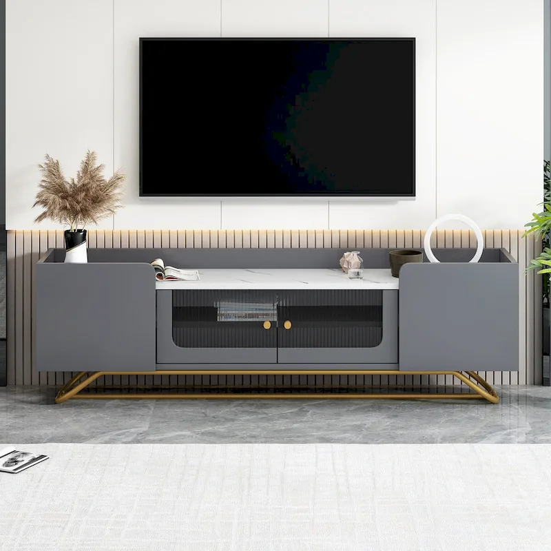 TV Stand with Fluted Glass Doors - Entertainment Center for TVs Up to 70 Inches