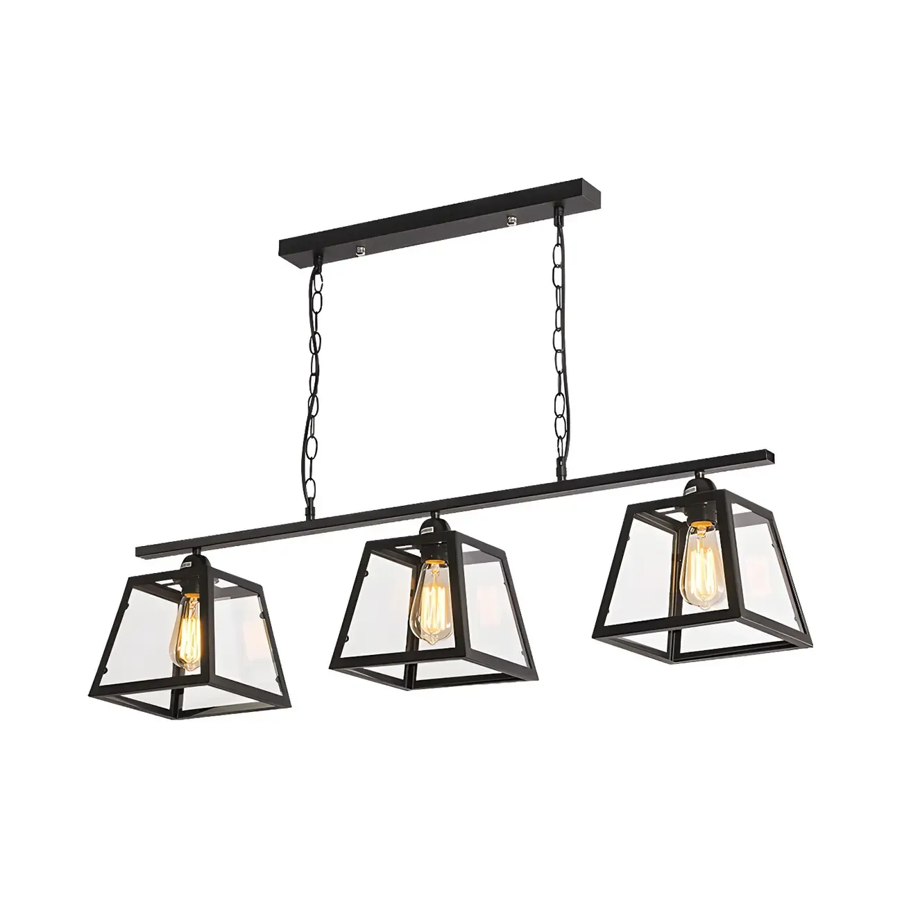 Industrial Black Metal 3-Light Pyramid Island Pendant Light
