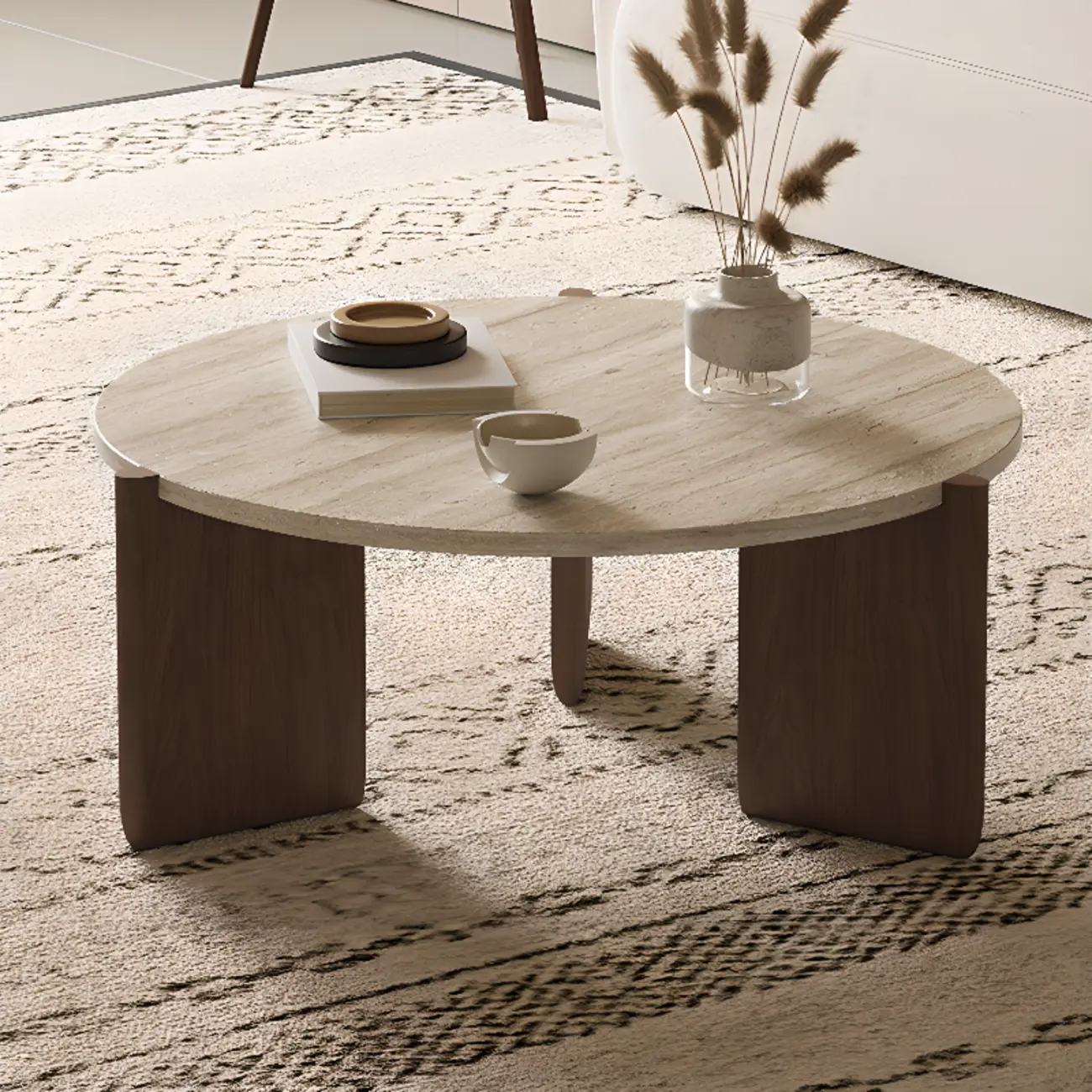 Modern Beige Travertine Top Coffee Table in Hexagon/Round
