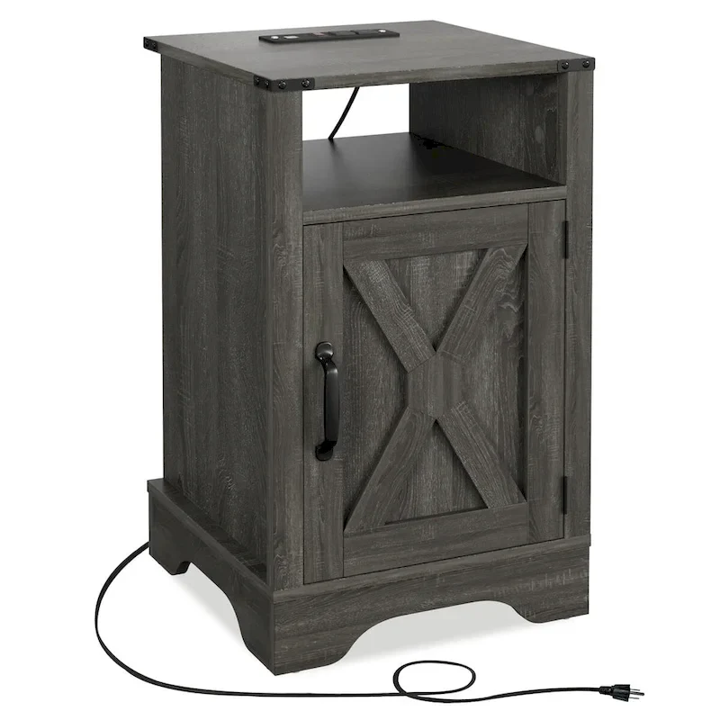 Farmhouse Nightstand with Barn Door, Built-in Charging Station and Open Shelf – White / White & Espresso / Charcoal Grey / Almond, for 1 Person