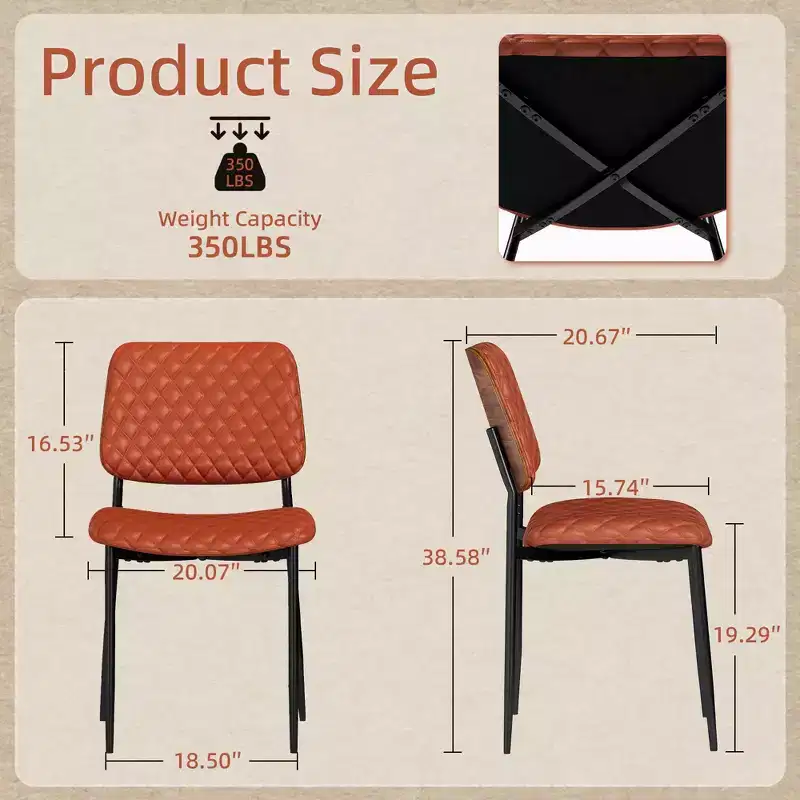 TYBOATLE Mid Century Dining Chairs Set of 2, Quilted PU Leather Kitchen Chairs with Bentwood Back, Industrial Upholstered Side Chairs