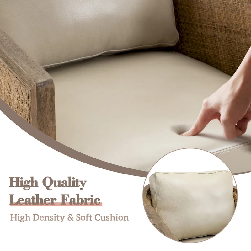 Boucle/Leather Upholstered 360 Degree Swivel Round Barrel Club Chair