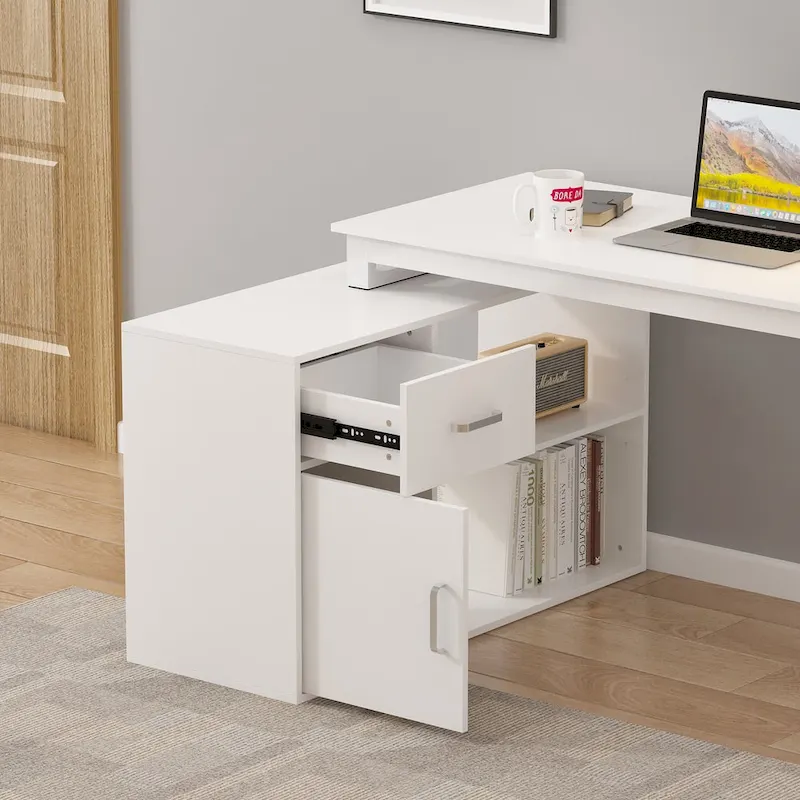 Timechee 55-inch L Shaped Office Computer Desk w/ Drawers Cabinet, White